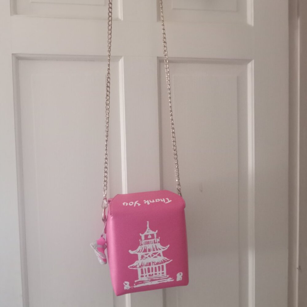 Novelty Chinese Take Out Pink and White crossbody bag with pink sneaker charms